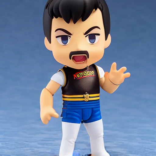 Prompt: freddie mercury as nendoroid singing with raised hand, 8 k hd dof, kodak film,