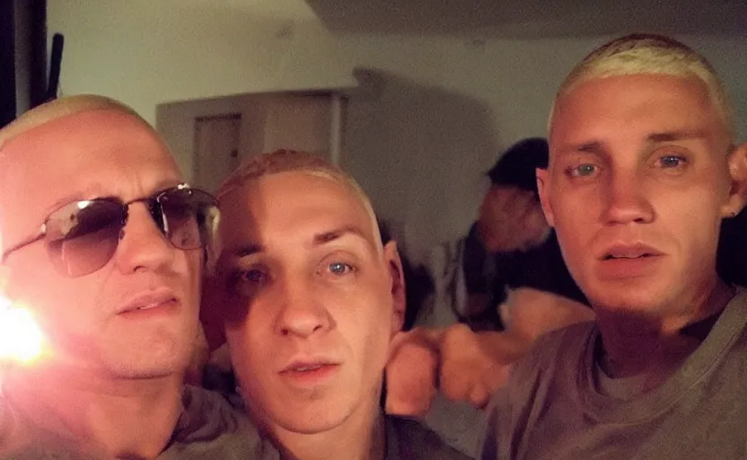 Image similar to my uncle that look like eminem if he was poor asf accidentally taking a selfie, front camera, camera flash is so bright in his face, viral, selfie, viral on twitter, viral on instagram, viral photo