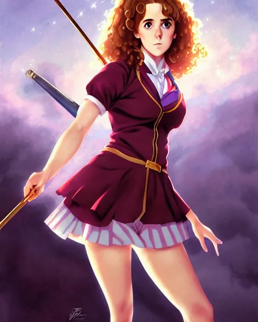 Prompt: pinup anime art of hermione granger by emma watson in the hogwarts pub, hermione by a - 1 pictures, by greg rutkowski, artgerm, gil elvgren, enoch bolles, glossy skin, pearlescent, anime, very coherent, flat, ecchi anime style