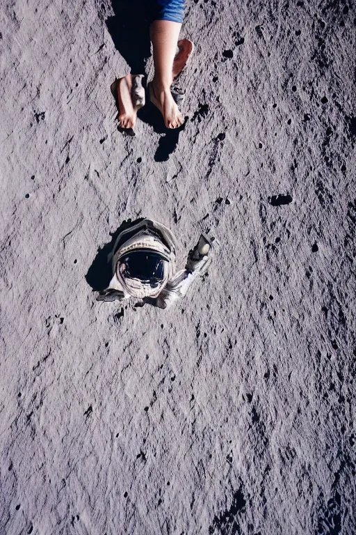 Image similar to afull body photography of an astronaut on the surface of the moon, bottom - view, focus on his foot, photography, photo - shot, shooting, cinematic lighting, 8 k