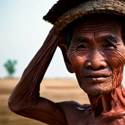 Old Balinese Farmer With Wrinkled Face In Traditional Straw Hat