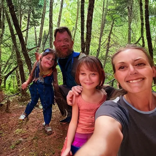 Image similar to a selfie by a neanderthal woman and her family in a forest