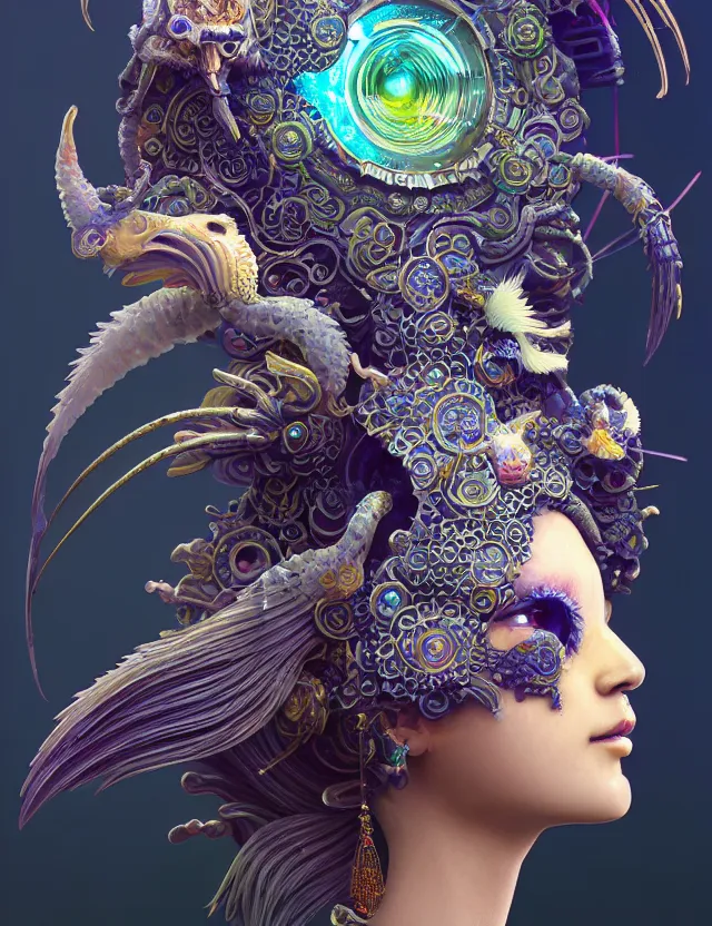 Image similar to 3 d goddess close - up profile solarpunk portrait ram skull. beautiful intricately detailed japanese crow kitsune mask and clasical japanese kimono. betta fish, jellyfish phoenix, bio luminescent, plasma, ice, water, wind, creature, artwork by tooth wu and wlop and beeple and greg rutkowski