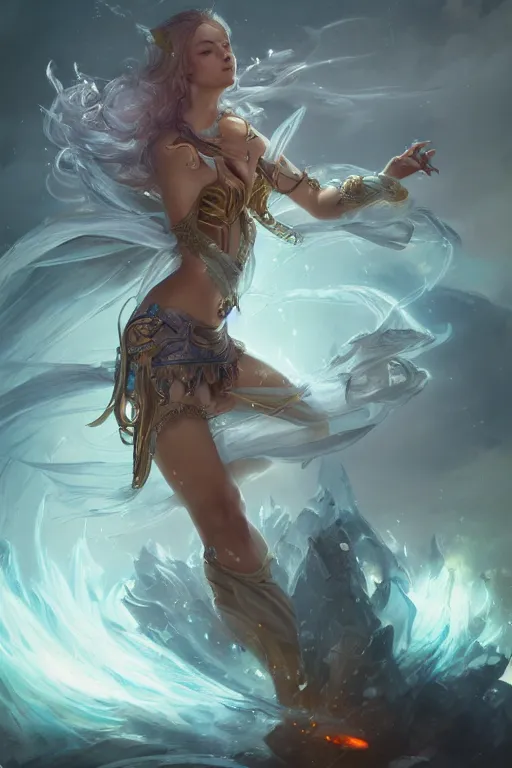 Prompt: beautiful girl wizard of the coast, casting magic spell, angel, 3 d render, hyper realistic detailed portrait, magic storm, thunder, ruan jia, wlop. scifi, fantasy, magic the gathering, hyper detailed, octane render, concept art, peter mohrbacher