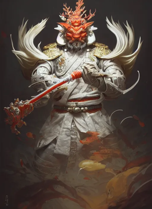 Image similar to subsurface scattering, white, koi, samurai deity with chitin armor, by jesper ejsing, justin gerard, tomasz alen kopera, cgsociety and fenghua zhong, highly detailed, rim light, cinematic lighting, illustration, art, octane render, very coherent, cinematic, hyper realism, high detail, octane render, 8 k