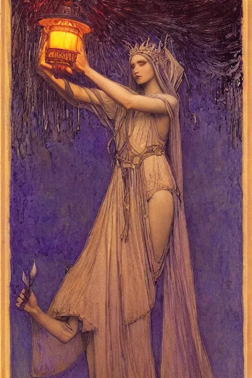 Prompt: queen of the moonlit dead with her lantern and regalia, by Annie Swynnerton and Nicholas Roerich and jean delville, dramatic cinematic lighting , ornate headdress , flowing robes, lost civilizations, extremely detailed