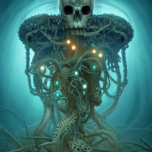 Prompt: underwater photography of a biopunk human skeleton in symbiosis with an octopus and a jellyfish, intricate and ornate alien technology, bioluminescence, bloom, dim rim lighting, by victor grasso and scott musgrove, digital illustration, cg society