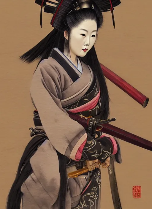 Prompt: a japanese oil painting of a beautiful samurai woman posing with a samurai sword, very aesthetic, detailed face, in the style of, greg rutkowski, boris vallejo, neal hanson, frank frazetta, goddess of war, epic fantasy character art, samurai armor, high fantasy, full length, exquisite detail low angle, masterpiece, cinematic