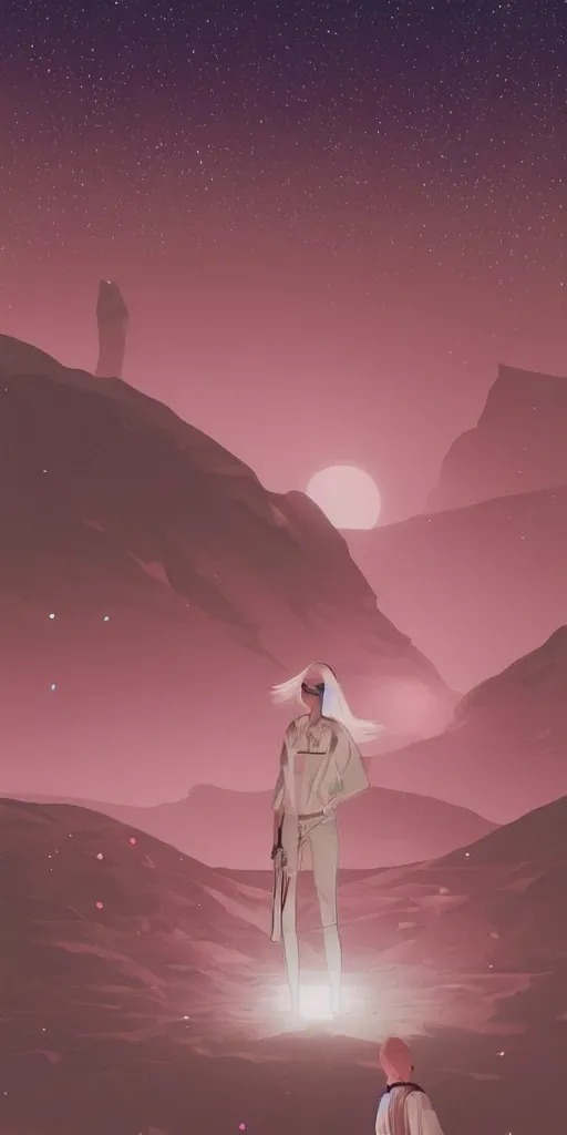 Image similar to ilya kuvshinov illustration of a white bioremediation architecute in the desert filled with stars at night, hazy and misty, magical feeling, uhd, high detail, by ilya kuvshinov