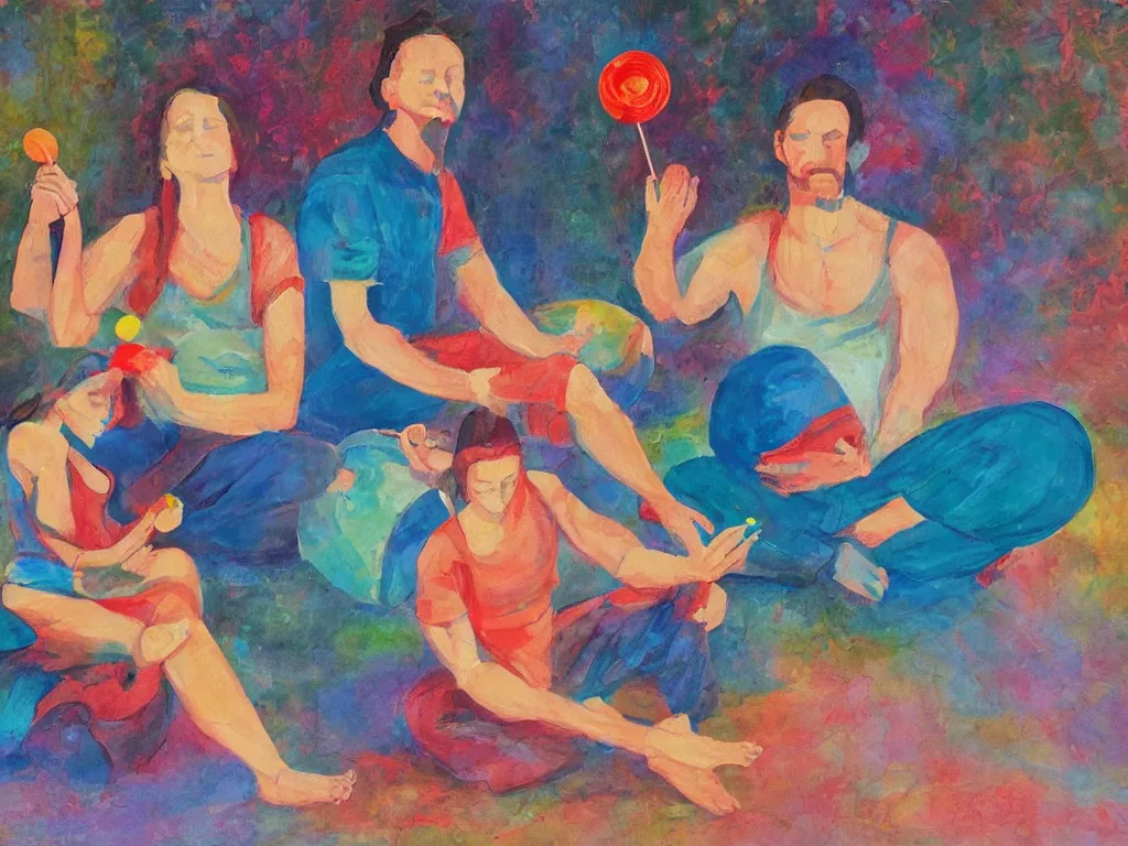 Image similar to man and woman meditating with lollipop. painting by carle eric