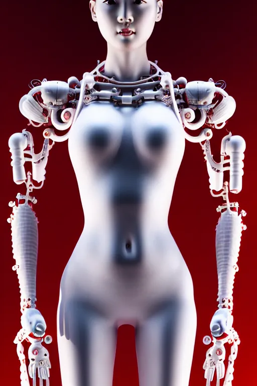 Image similar to a statue made of red marble, of an beautiful chinese girl, full body shot, perfect body, white biomechanical, inflateble shapes, wearing epic bionic cyborg implants, masterpiece, intricate, biopunk futuristic wardrobe, vogue, highly detailed, artstation, concept art, background galaxy, cyberpunk, octane render