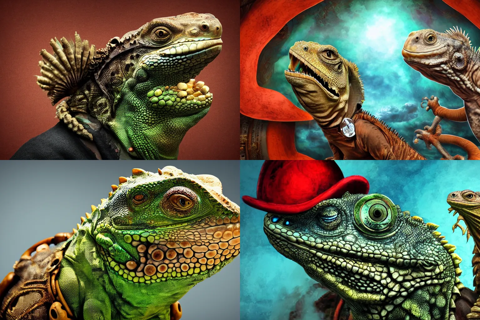 Prompt: A portrait of an anthropomorphic iguana, steampunk style, mushroom cloud in the background, 4k