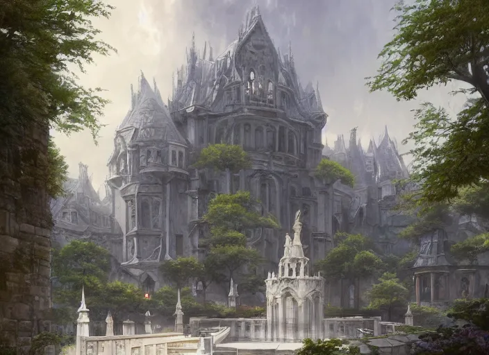 Prompt: A college academy in a beautiful elven city made of white marble, anime, lush trees, fountain, a fantasy digital painting by Greg Rutkowski and James Gurney, trending on Artstation, highly detailed