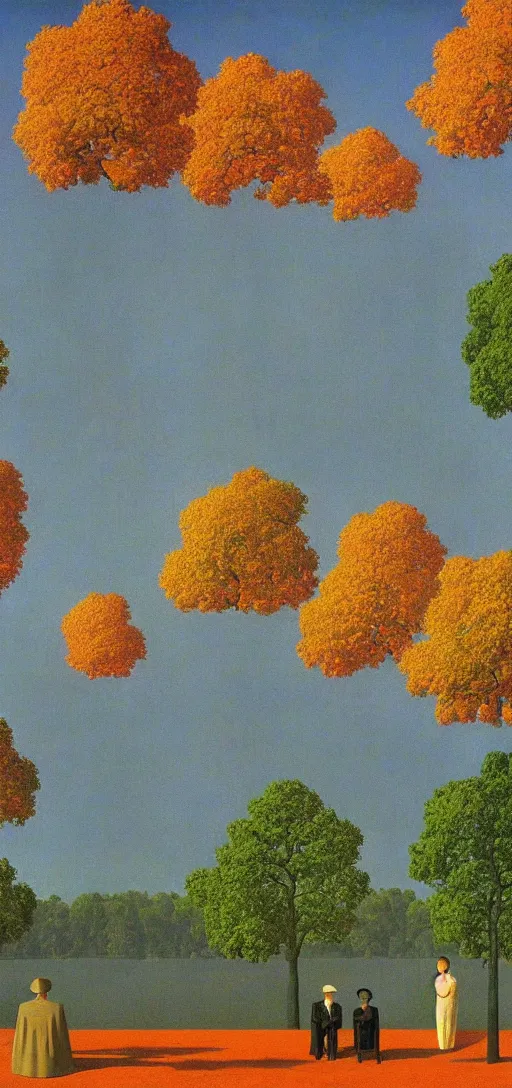 Image similar to Sunset on an autumn day in the park by Rene Magritte. Surreal. Fractal.