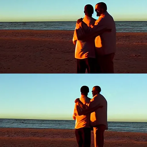 Image similar to Walter White hugging Barak Obama on the beach, sunset, zoomed in