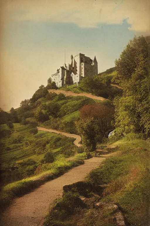 Image similar to photochrom, a hilly landscape with castle and path