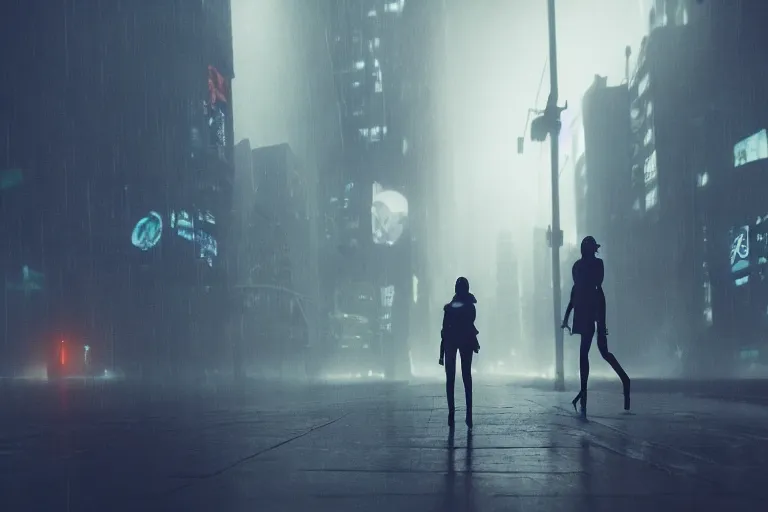 Image similar to vfx cyberpunk beautiful black woman photo real, sci-fi city street night lighting, rain and fog by Emmanuel Lubezki