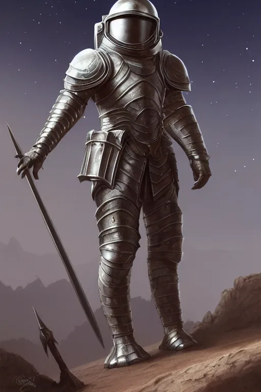 Image similar to crusader in armor standing in moon crater, highly detailed, d & d, fantasy, highly detailed, digital painting, trending on artstation, concept art, sharp focus, illustration, global illumination, ray tracing, realistic shaded, art by artgerm and greg rutkowski and fuji choko and viktoria gavrilenko and hoang lap, sunny