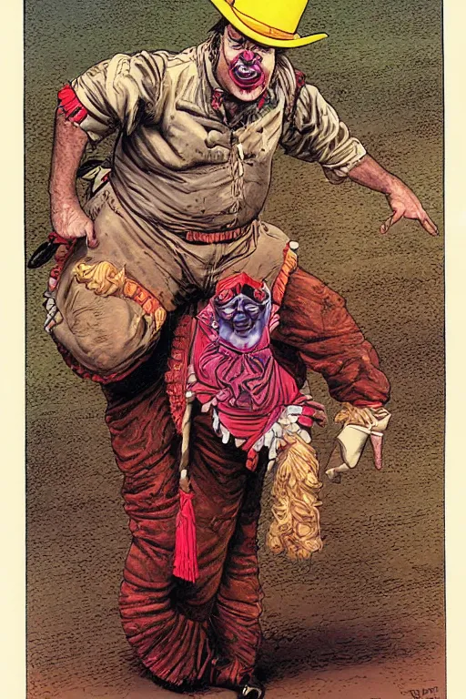 Image similar to vernon. Old west circus clown by James Gurney and Mœbius.