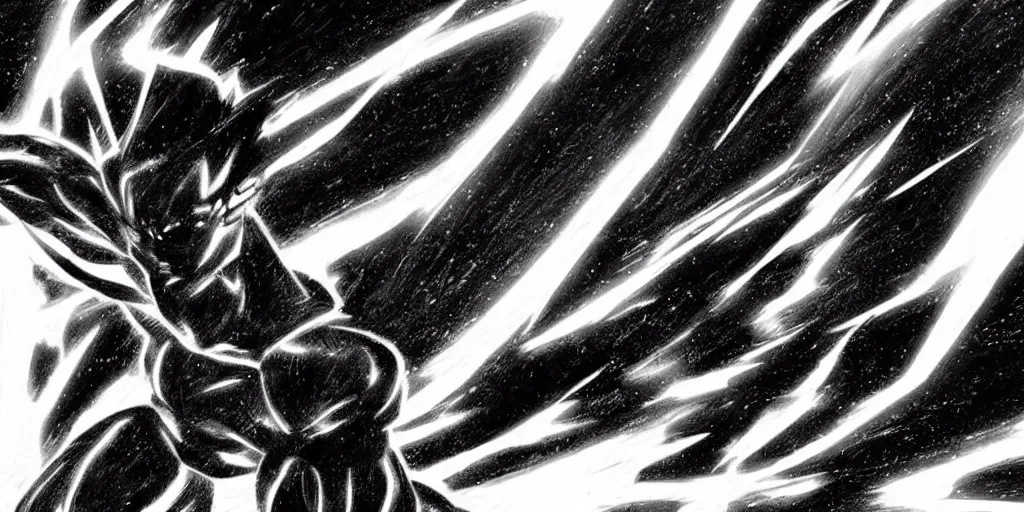 Image similar to a simple black and white pencil storyboard of a giant humanoid athletic sleek futuristic humanoid android powering up as small floating particles swirl around it, lines of energy, going supersaiyan
