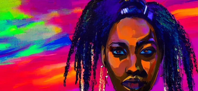 Image similar to portrait of a beautiful black woman, cyberpunk rio de janeiro background, brushstrokes, purple and blue, painterly, at night, corcovado dois irmaos at the background