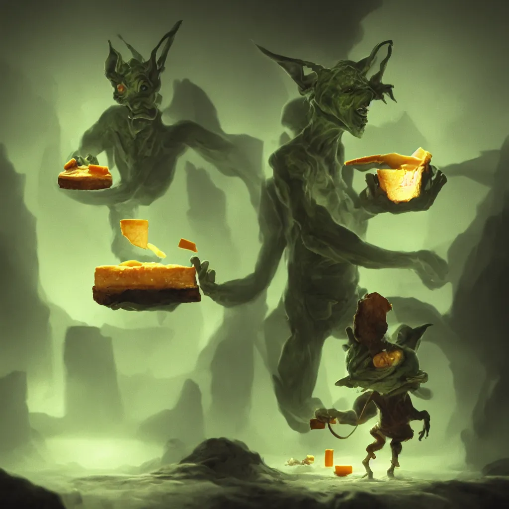 Image similar to Photorealistic fantasy painting of one single goblin holding swiss cheese. Ominous green mist in the background. Magical occult photorealism, UHD, amazing depth, glowing, golden ratio, 3D octane cycle unreal engine 5, volumetric lighting, cinematic lighting, cgstation artstation concept art