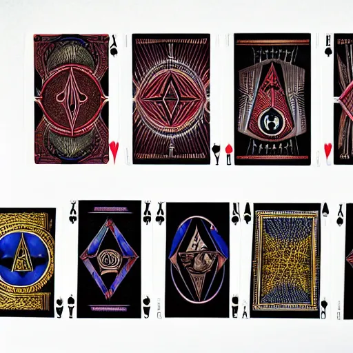 Image similar to full set of illuminati playing cards, tarot card design, product shot