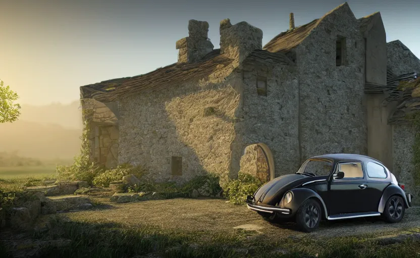 Image similar to a vw beetle parked near a small medieval stone house at sunrise, concept art, octane render, unreal engine 5, trending on artstation, high quality, 8 k, soft lighting, path traced, hyperrealistic, highly detailed, digital art, symmetrical, cinematic, high coherence, godrays