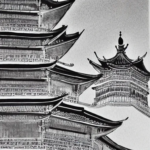 Image similar to taiyuan twin pagodas, chinese ink painting, monochrome,