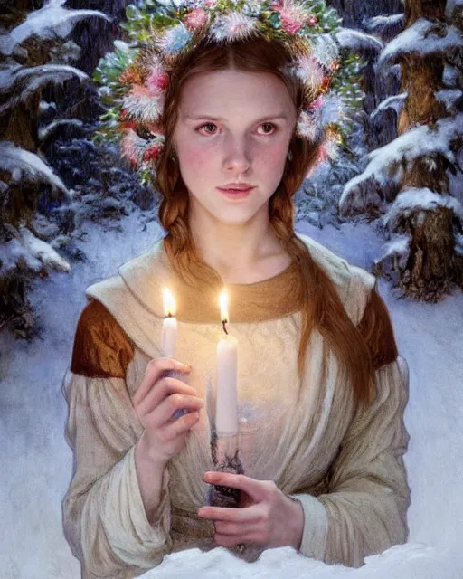 Image similar to a realistic candlelit portrait painting of a thoughtful girl resembling a young, shy, redheaded alicia vikander or millie bobby brown wearing a christmas wreath in her hair and peasant dress carrying a candle in a deep snow - covered forest at night, highly detailed, intricate, concept art, artstation, by donato giancola, alphonse mucha, and william bouguereau