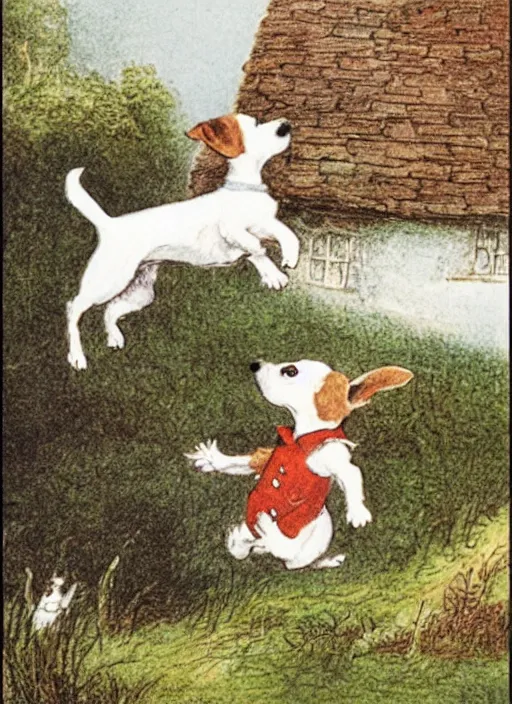 Image similar to jack russel terrier jumping from the ground over a small cottage, illustrated by peggy fortnum and beatrix potter and sir john tenniel