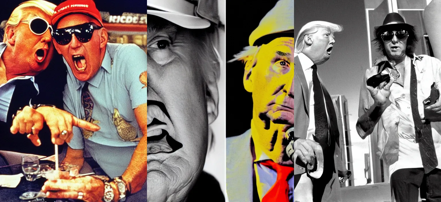 Prompt: donald trump and roger stone on the poster of fear and loathing in las vegas, panting, film grain