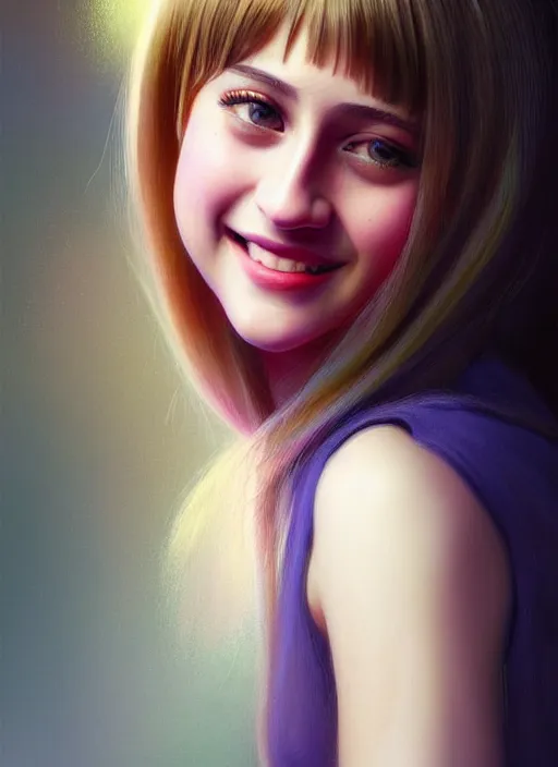 Image similar to portrait of teenage lili reinhart with bangs, smiling kindly, bangs, 1 9 6 0 s, ponytail, bangs and ponytail, intricate, elegant, glowing lights, highly detailed, digital painting, artstation, concept art, smooth, sharp focus, illustration, art by wlop, mars ravelo and greg rutkowski