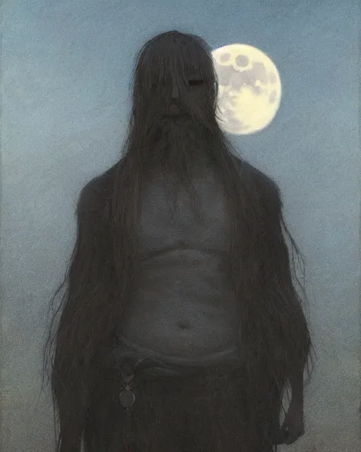 Image similar to portrait of a man with long black hair and beard holding a bird, full moon in the background, fine portrait, beautiful, concept art, by greg rutkowski, by jean delville