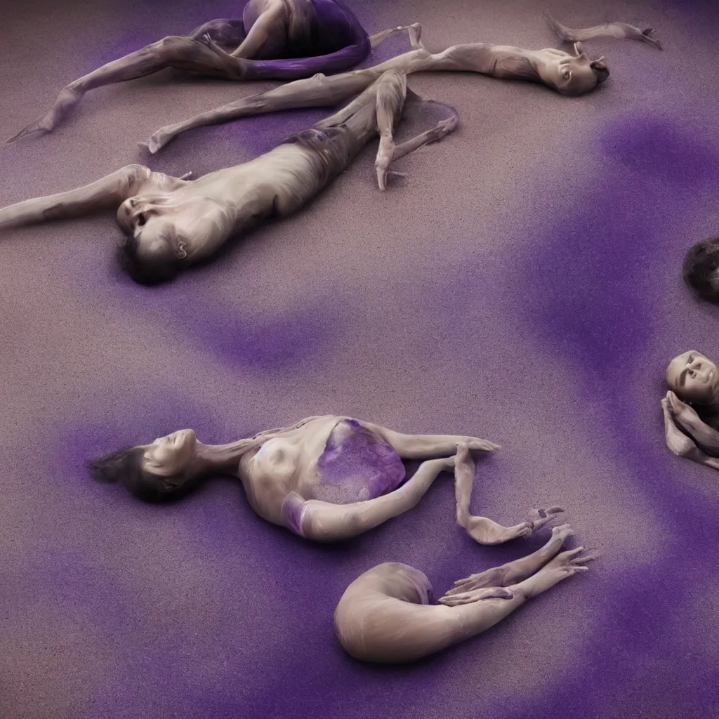 Image similar to close - up view of iridiscent oil spill in desert sand tempest with women corpses connected by cables and computers to wax forms to a buried baby relaxing on yoga mat, faded, purple gradient, dust, purple fog, depth of field, by werner herzog, hans bellmer and nadav kander, 8 k, sad atmosphere, cinematic