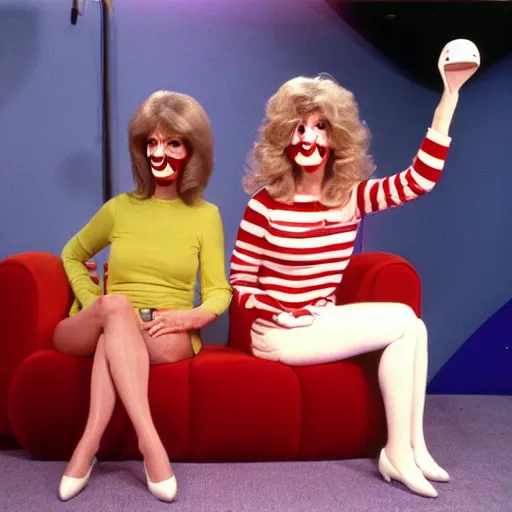 Prompt: 1982 twin women on tv talk show wearing an inflatable long prosthetic snout nose soft color, studio lighting, sitting on vinyl chairs, wearing stripes 1982 color film archival footage 16mm John Waters Russ Meyer Almodovar Doris Wishman