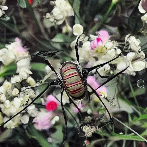 Image similar to rose chafer with quadcopter drone wings creating turbulence above rose flowers black background