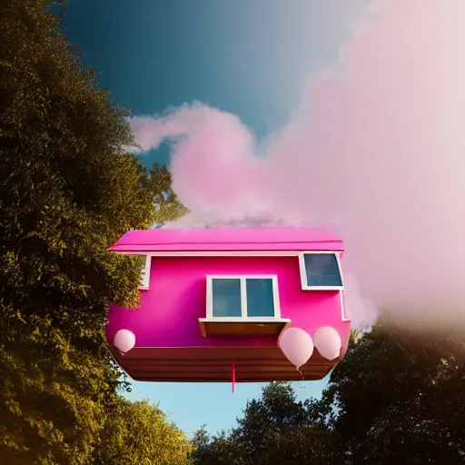 Image similar to dream a 5 0 mm lens photograph of a cute pink floating modern house, floating in the air between clouds, inspired by the movie up, held up from above by heart ballons. mist, playful composition canon, nikon, award winning, photo of the year