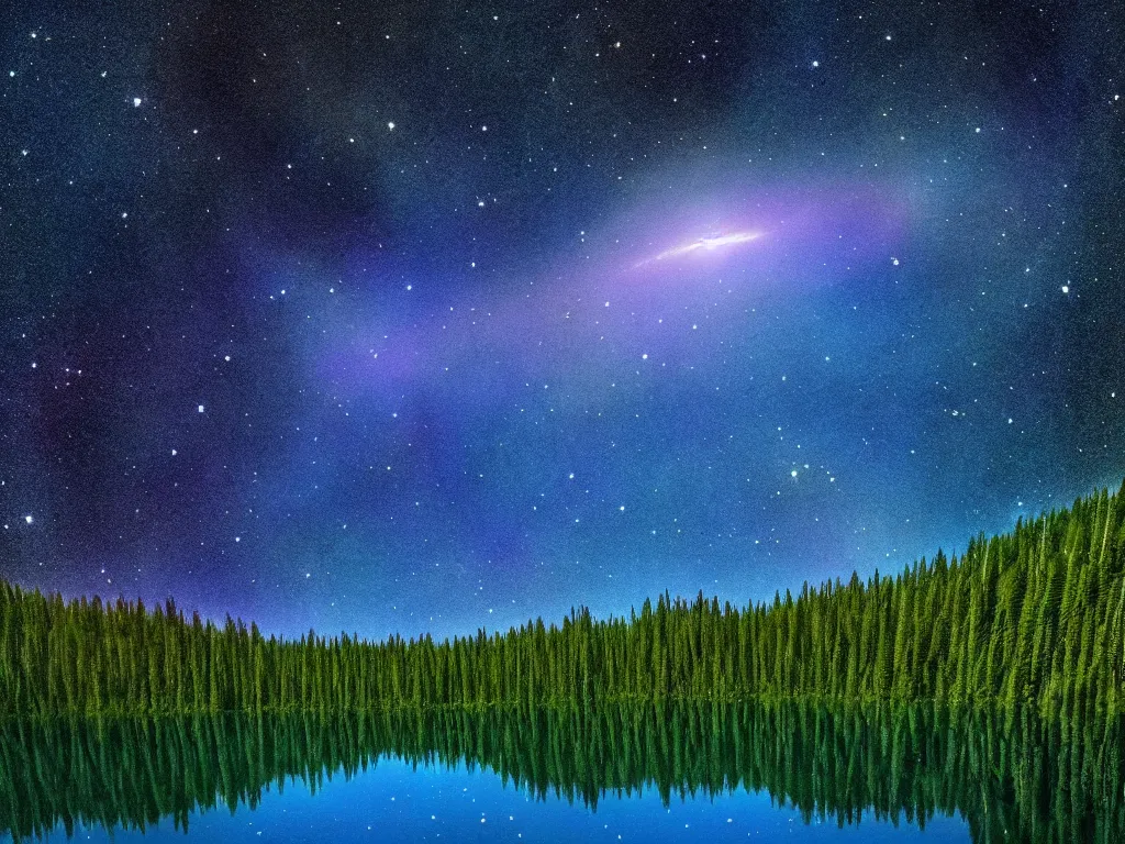 Image similar to nebula above a clear blue lake in the middle of an evergreen forest