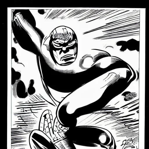 Prompt: kirby krackle emanating from marvel sliver surfer body, by jack kirby, inked by joe sinnott, wally wood, black and white only, asymmetrical, organic ink drawing