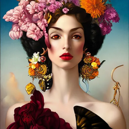 Image similar to dynamic composition, a painting of a woman with hair of flowers and raven plummage wearing ornate earrings, a surrealist painting by tom bagshaw and jacek yerga and tamara de lempicka and jesse king, featured on cgsociety, pop surrealism, surrealist, dramatic lighting, wiccan, pre - raphaelite, ornate gilded details