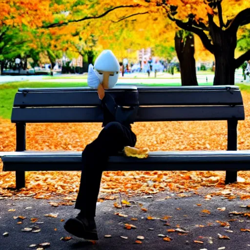 Image similar to a gentleman made of ice cream sitting on a park bench in new york on an autumn day