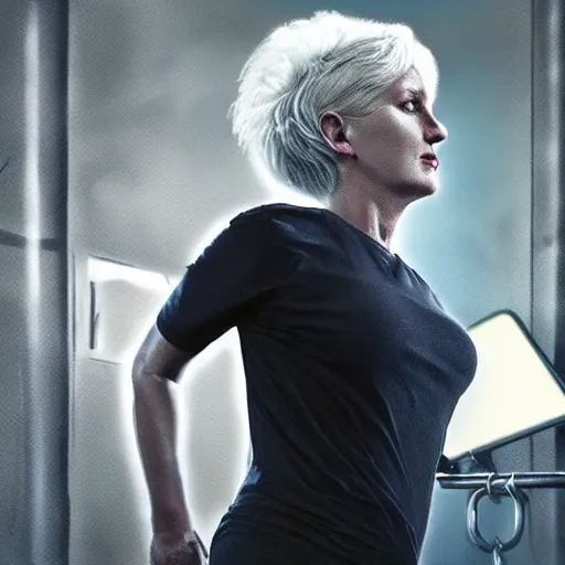 Image similar to woman in her 6 0 s with close cropped hair. lori petty. running on a treadmill. side on. realistic concept art painting. cinematic lighting. dark and moody. scifi
