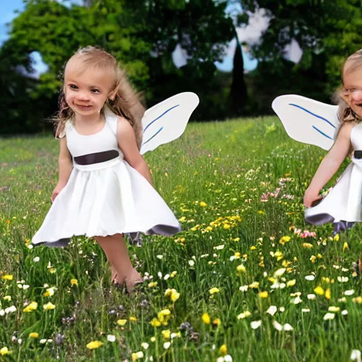 Prompt: little stormtrooper winged fairies, flying around the flowers in a sunny meadow