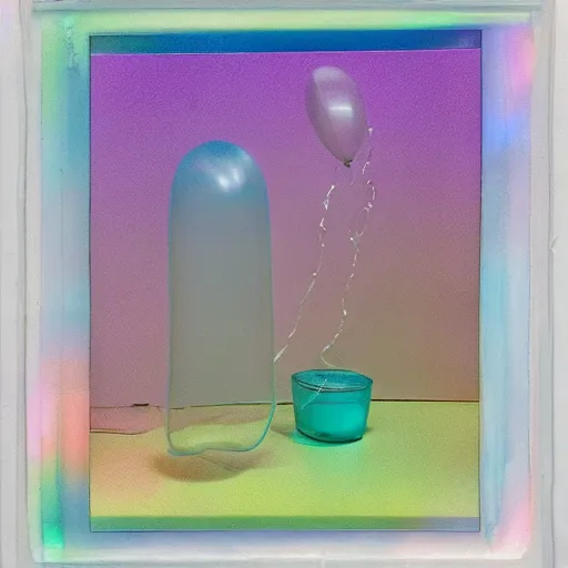 Image similar to a pastel colour high fidelity Polaroid art photo from a holiday album at a seaside with abstract inflatable parachute furniture, all objects made of transparent iridescent Perspex and metallic silver, no people, iridescence, nostalgic