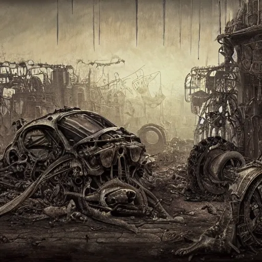 Image similar to a junkyard for cyborgsl, horror art by beksinski and szukalski and giger and and pyromallis and dzo and iris compiet and seb mckinnon and, technical drawing, blueprint, highly detailed, intricate, sharp focus, trending on artstation hq, deviantart, unreal engine 5, 4 k uhd image