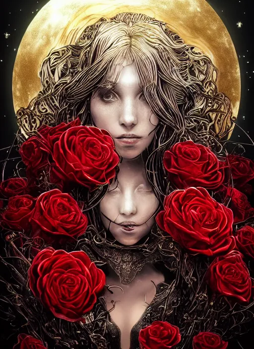 Image similar to glowing golden elements at frame borders, portrait, A beautiful dark witch in front of the full big moon, book cover, red roses, red white black colors, establishing shot, extremly high detail, foto realistic, cinematic lighting, pen and ink, intricate line drawings, by Yoshitaka Amano, Ruan Jia, Kentaro Miura, Artgerm, post processed, concept art, artstation, matte painting, style by eddie, raphael lacoste, alex ross