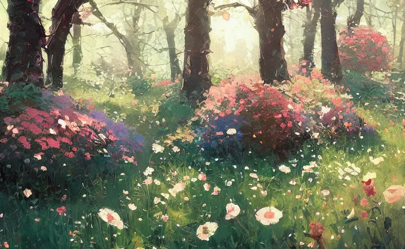 Image similar to cute cozy floral forest game by atey ghailan and michael garmash, plein air