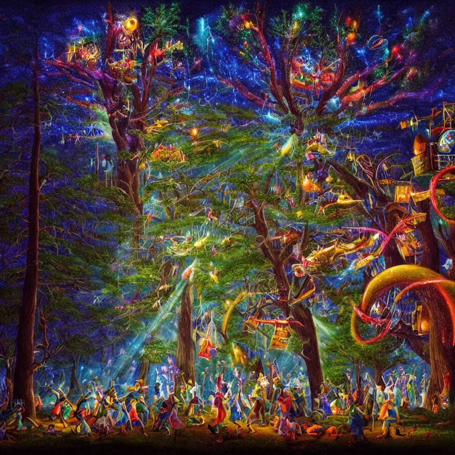 Image similar to closeup of a night carnival around a magical in a summer storm, tree cavity with a music scenario with many fireworks and christmas lights,, volumetric lightning, intense colored god rays in the sky, folklore people disguised with fantastic creatures in a magical forest by summer night, masterpiece painted by rob gonsalves, scene by dark night environment, refraction lights,