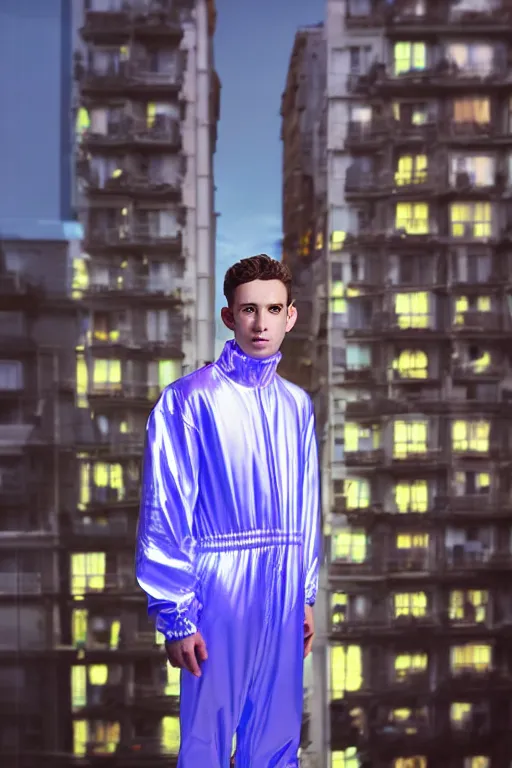 Image similar to un ultra high definition studio quality photographic art portrait of a young man standing on the rooftop of a british apartment building wearing soft baggy inflatable padded iridescent pearlescent jumpsuit. three point light. extremely detailed. golden ratio, ray tracing, volumetric light, shallow depth of field. set dressed.